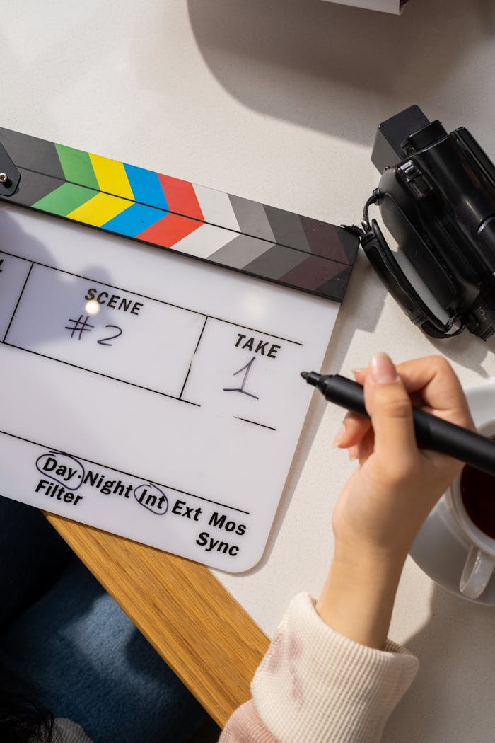 About Hand holding pen near film slate with camcorder, ideal for filmmaking concepts.